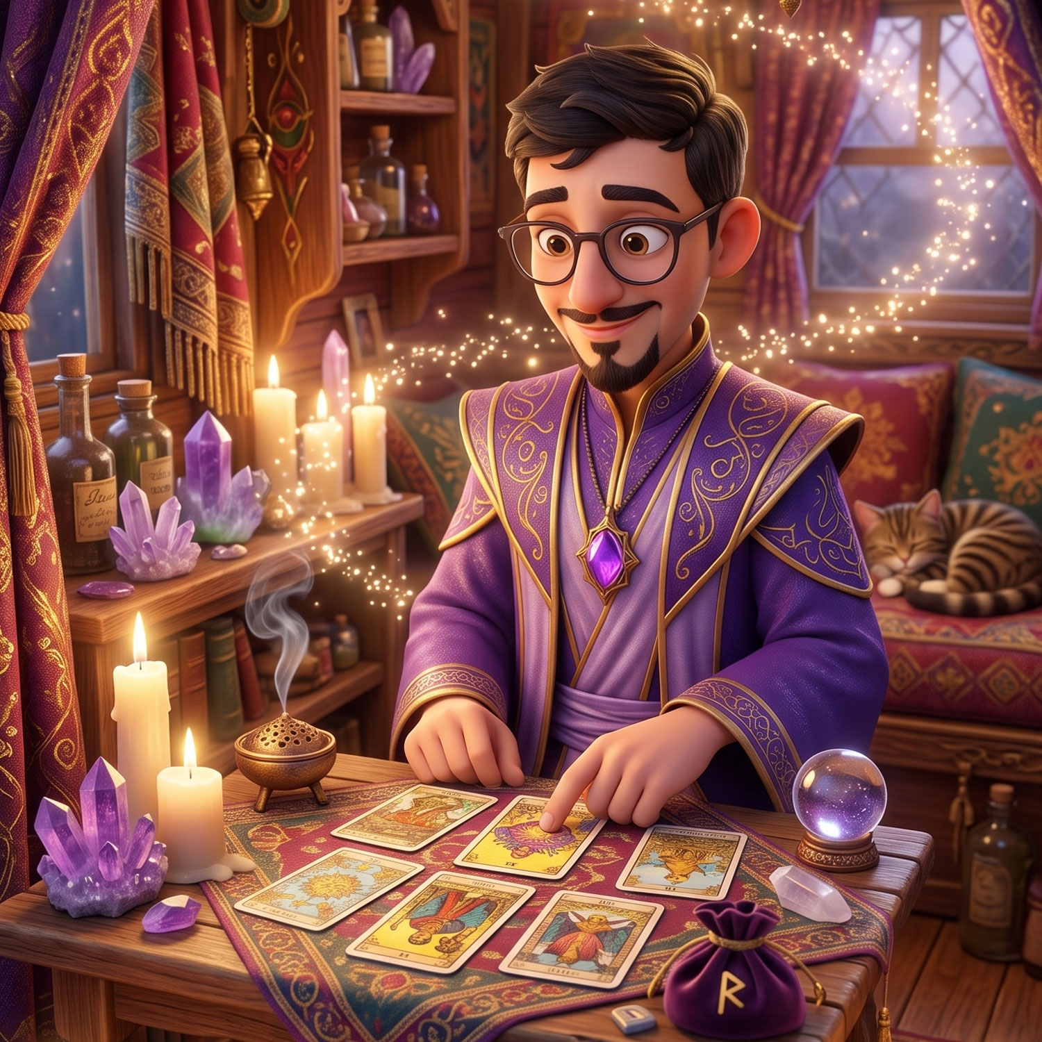 Avatar de Mauricio Cartomante dentro de su cómoda y acogedora carreta de lectura, leyendo cartas por la noche