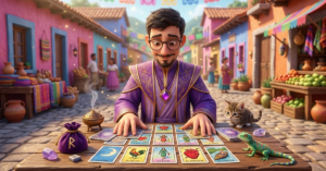 Mauricio Cartomante leyendo las cartas de la Lotería Mexicana en un pintoresco mercadito de pueblo