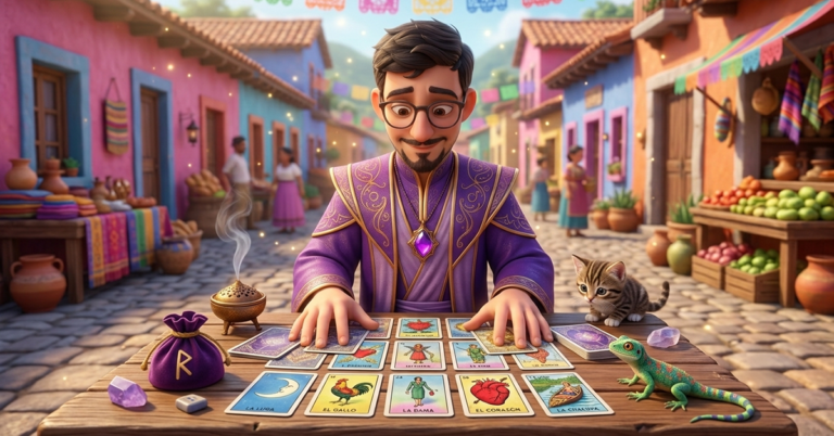 Mauricio Cartomante leyendo las cartas de la Lotería Mexicana en un pintoresco mercadito de pueblo