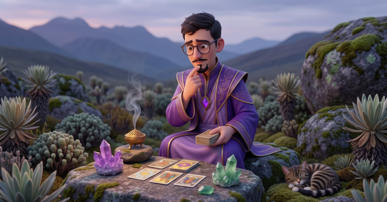 mauricio cartomante leyendo cartas en medio del páramo con un gesto de duda en el rostro